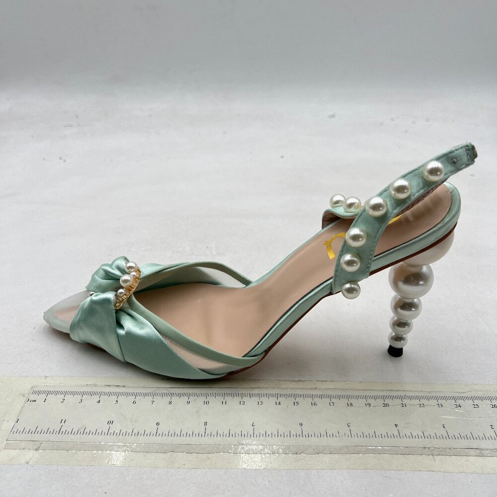 FSJ Pale Green Peep Toe Pearl High Heels Sandals Pearl Slingback Bridal Shoes